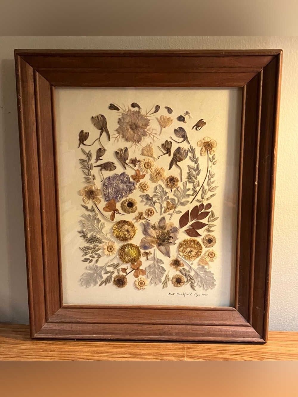 Vintage Framed Botanical Dried Pressed Flower Art Signed Dot Bradfield Boho